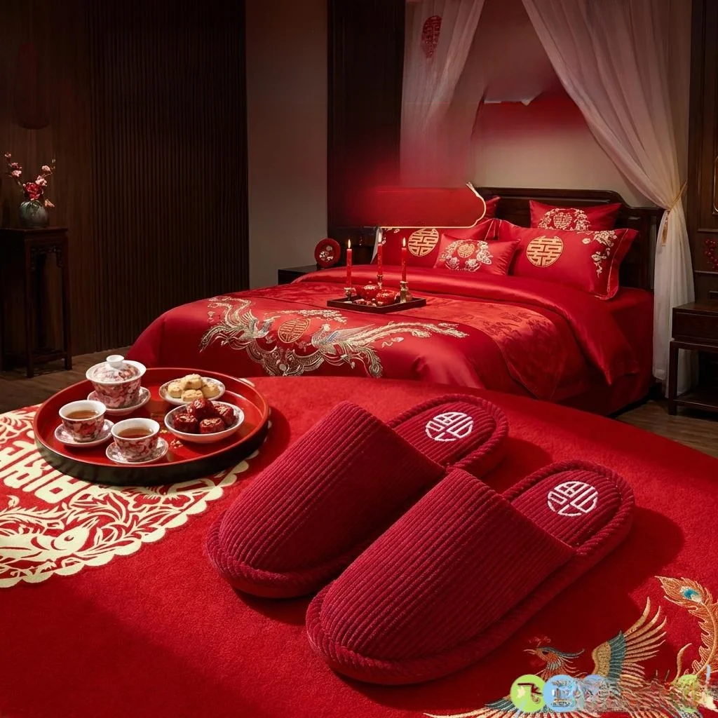 

New Couple Red Slippers Wedding Celebration Cotton Slippers Indoor Couple Matching Slippers Bridegroom Gift Fly Blue Valley