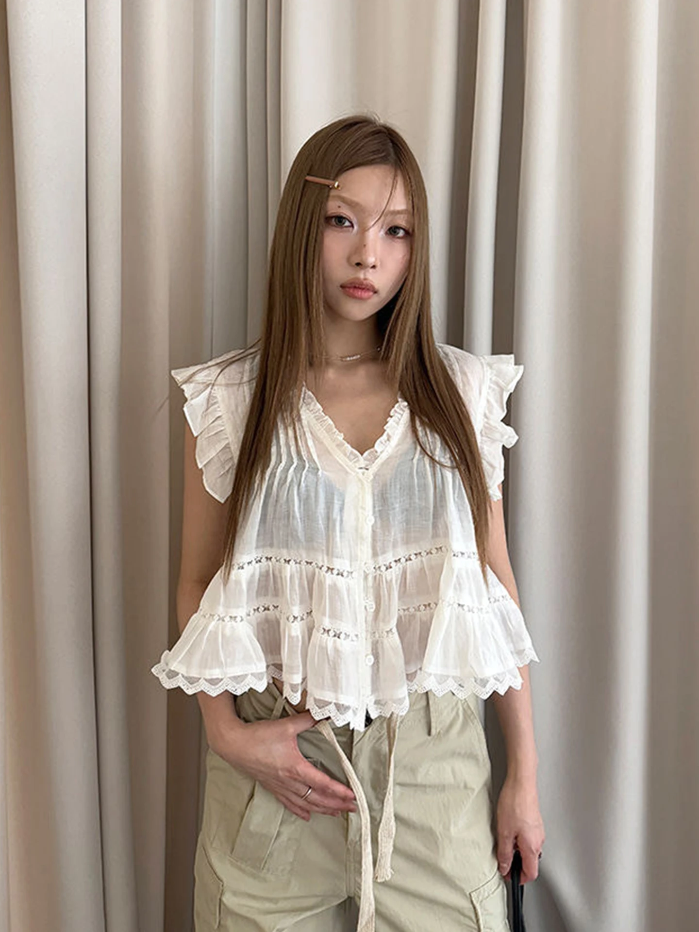 Chic Summer Vintage V-Neck Lace Splicing Loose Fit Shirt Flying Sleeve Top Breathable Short Sleeve French Style Casual Wear
