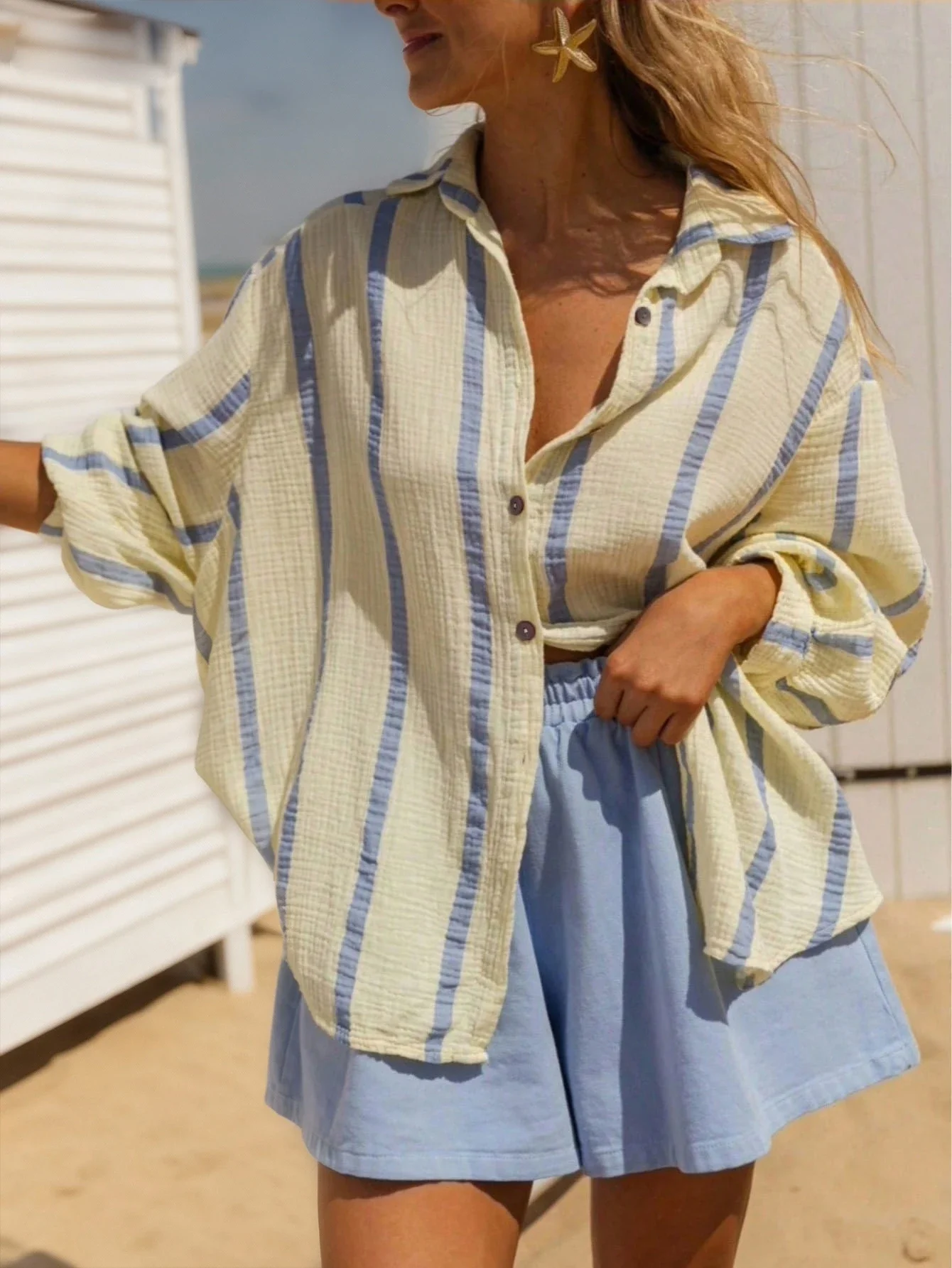 

Свободная блузка с рукавами-фонариками в полоску для женщин, пляжная повседневная рубашка