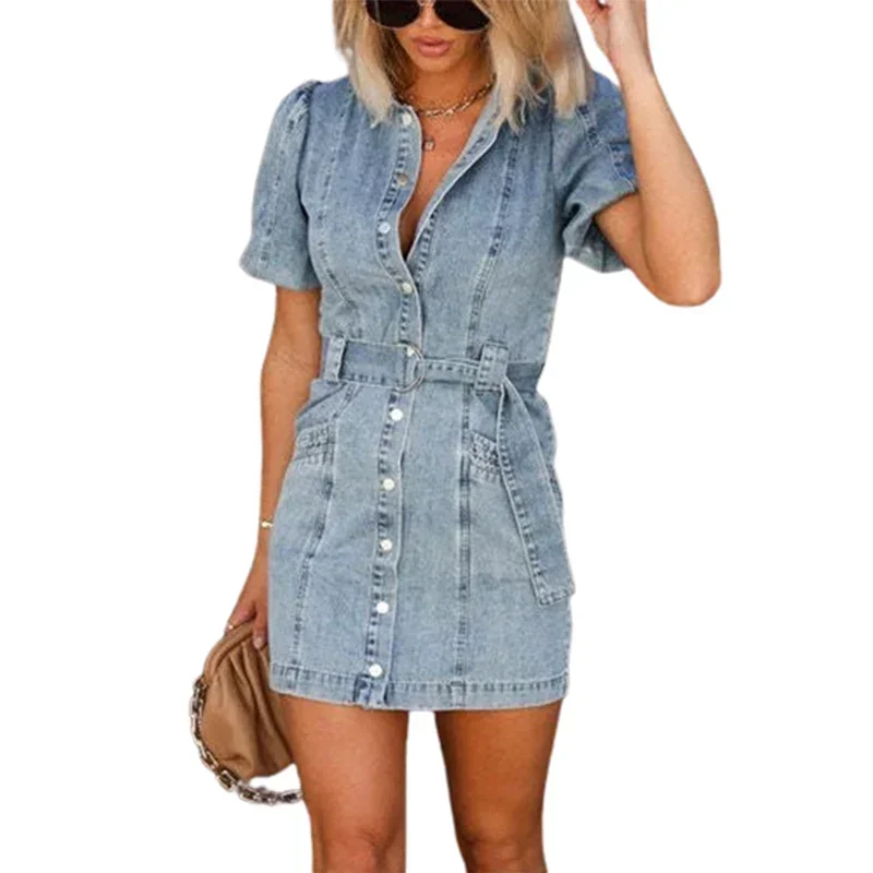 Hohe Taille Spitze-up Doppel Tasche Frauen Denim Kleider Revers einreiher Strickjacke Kleid Weibliche Trend Streetwear Pendler kleid