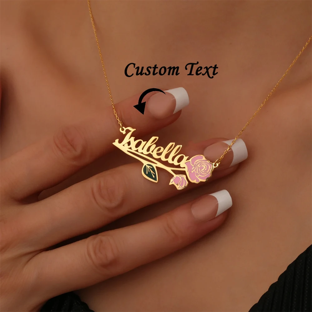 Personalized Colorfuls Birth Flower Name Necklace For Women Custom Gold Color Charm Stainless Steel Jewelry Mother's Day Gift