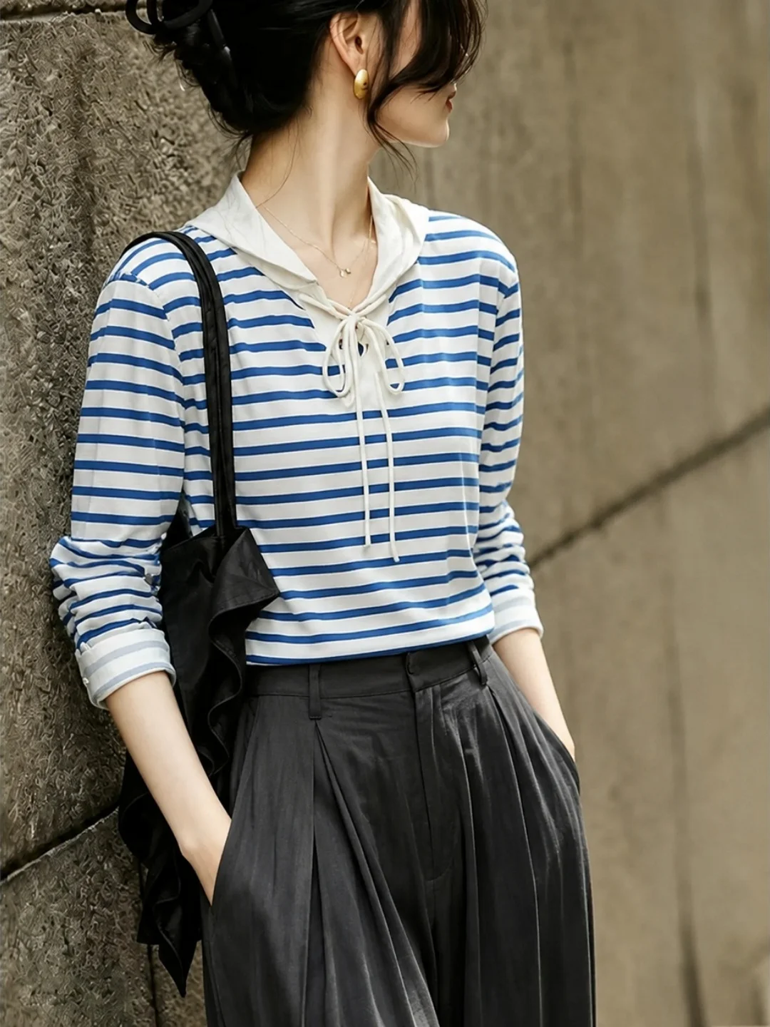 Fall Design Hat T-Shirt Korean Style Striped Color Block Long Sleeve Women's Top Fashionable Elegant Ageless Commute Trend