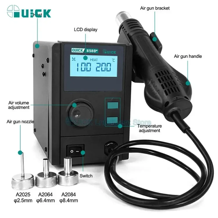 Imagem -04 - Estações de Solda Quick 858d Mais Estação de Dessoldagem de ar Quente Lcd Display Digital Estação de Retrabalho Pistola de ar Quente para Chip Pcb Smd