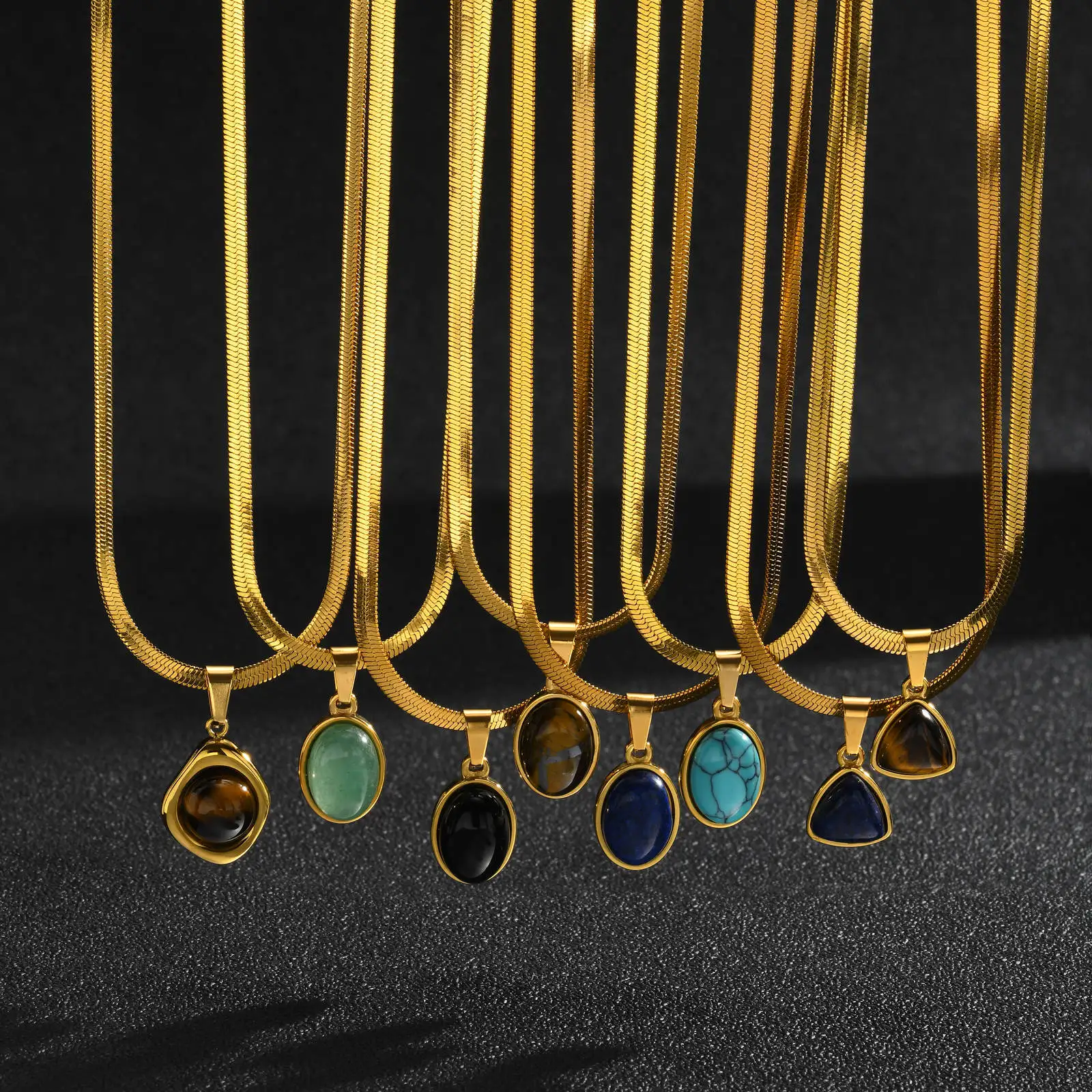 Vnox Natural Stone Pendant Necklace, Stainless Steel Blade Chain, Obsidian Tiger Eye Turquoise Lapis Stone Jewelry Gift for Men