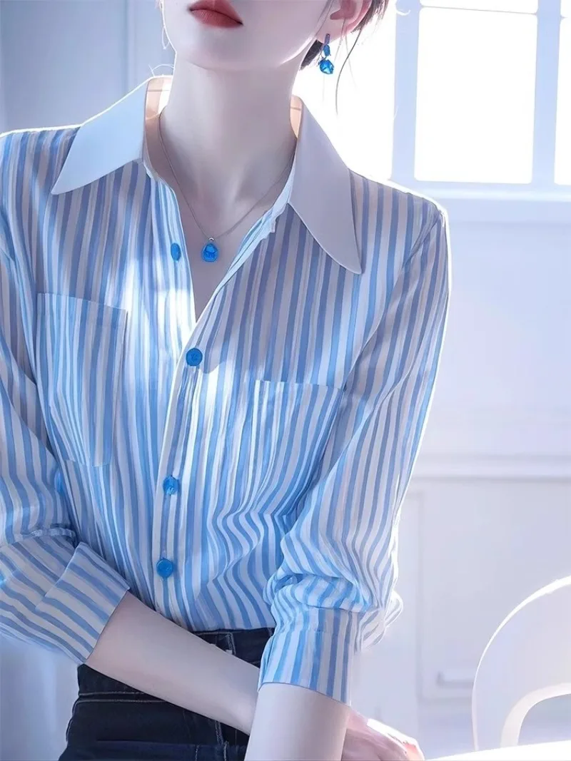 Chemisiers Vintage pour femmes, chemises rayées, mode ample, couleur unie, vêtements décontractés, manches longues, hauts coréens pour femmes, printemps/été