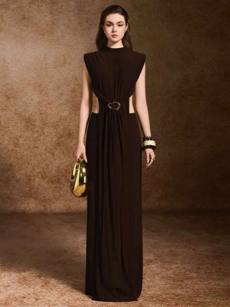 

Сексуальное длинное платье с вырезом O-образной формы, драпировкой и плиссировкой, коричневое, без рукавов, с открытой спиной, облегающее, для вечерних мероприятий