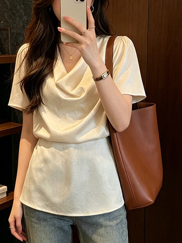

plus Size Acetate Satin Short Sleeve Shirt Slimming Waist Loose Fit Korean Style Summer New Arrival Peach Color Women's Top