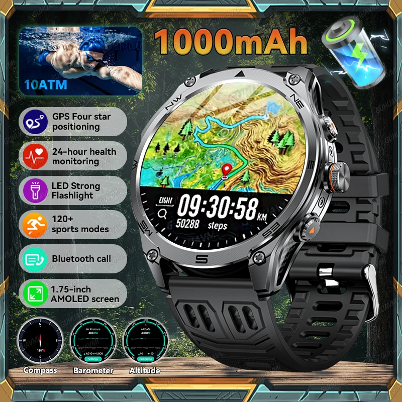 

New Outdoor GPS Position Sports SmartWatches Flashlight 1000mAh Battery Compass Altimeter 10ATM Waterproof Heart rate call watch