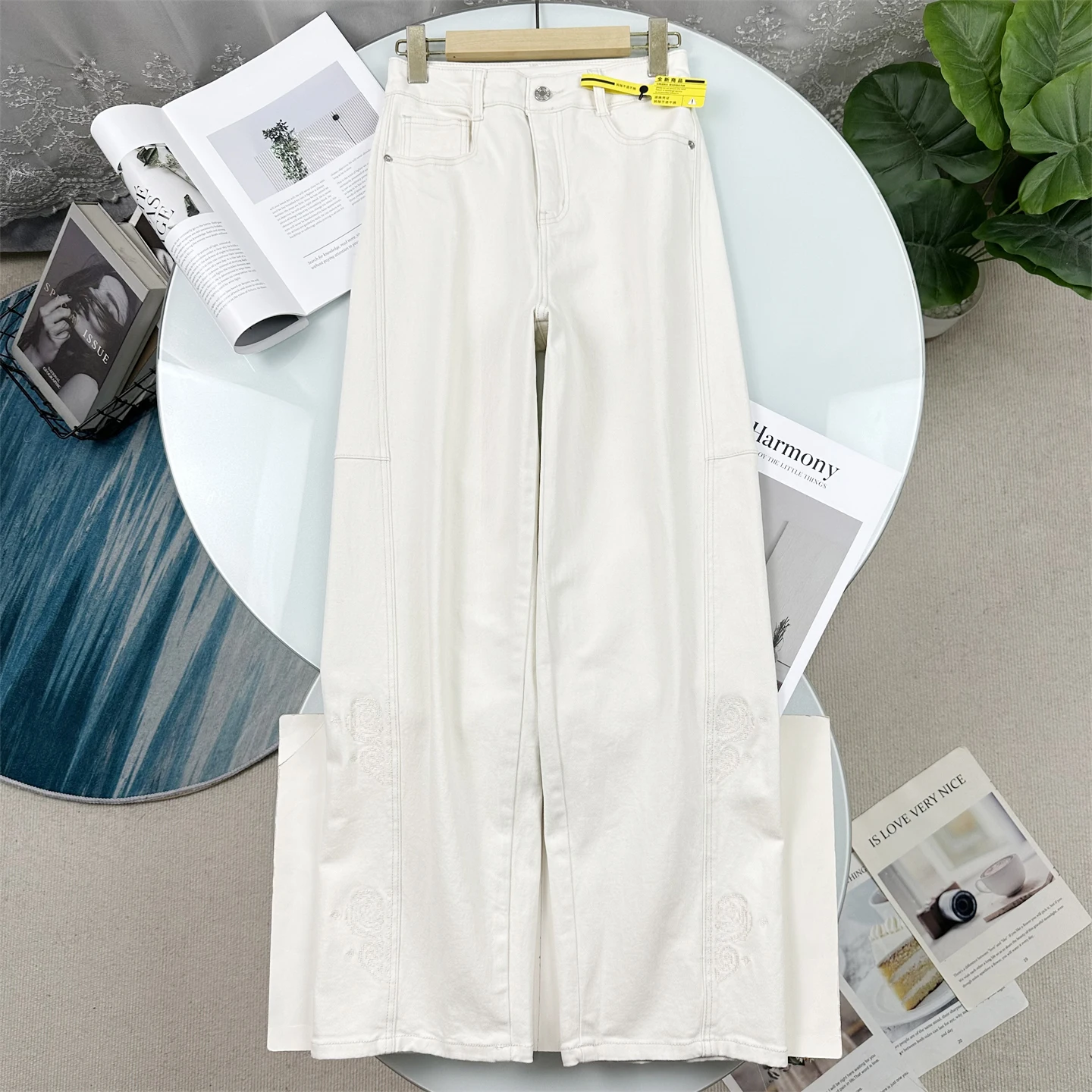 

High Waist White Embroidered Knife Loose Fit Denim Jeans Women's Premium Quality Spring Summer New Style Long Trousers
