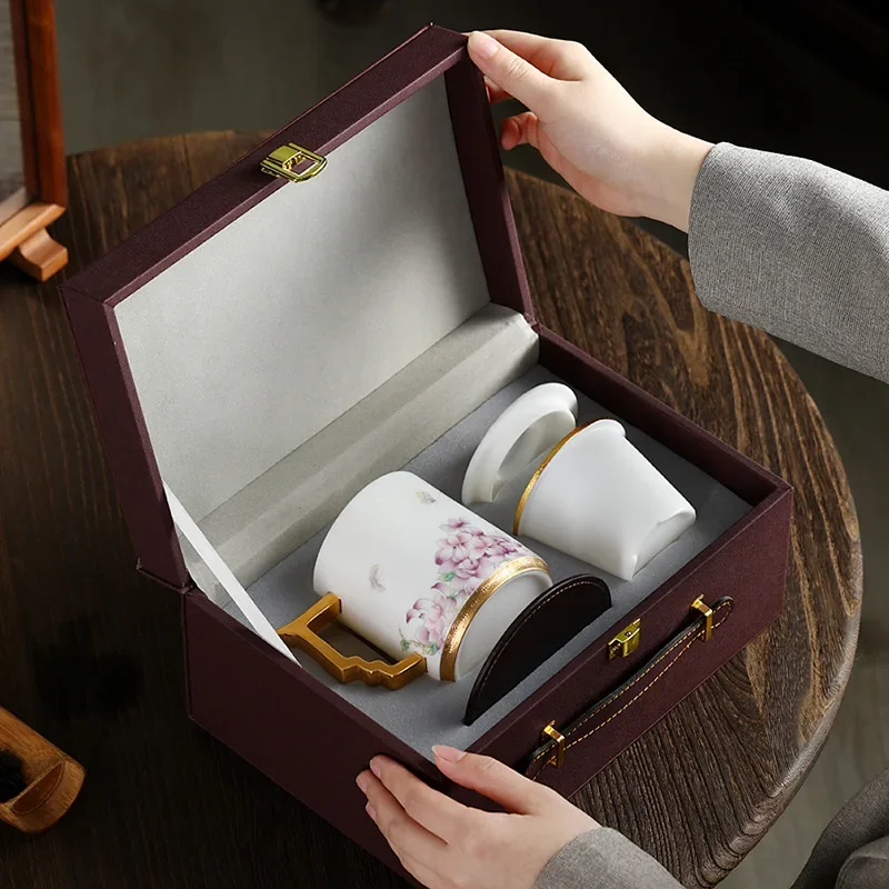 Bauhinia, com tampa, filtro, pintura dourada, copo de água, cerâmica, vegetariano, caneca