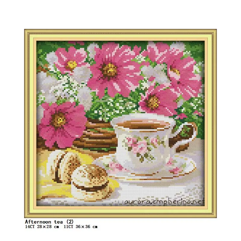 Flower Afternoon Tea Series Cross Stitch Kit Aida 14CT 11CT Canvas Fabric Needle Thread Sewing Set DIY Embroidery Kitchen Decor