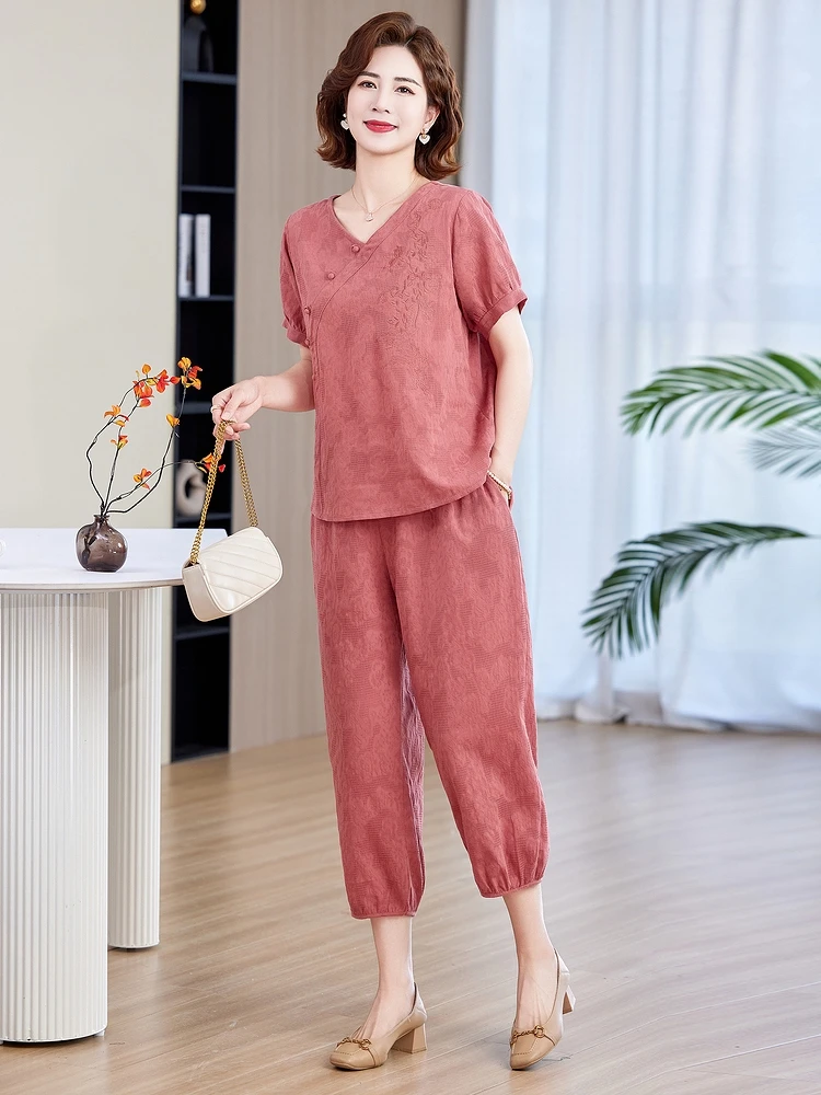 Dames coton lin ensemble décontracté ample grande taille dissimulant rétro Floral loisirs deux pièces ensemble vêtements d'été confortable V Ne