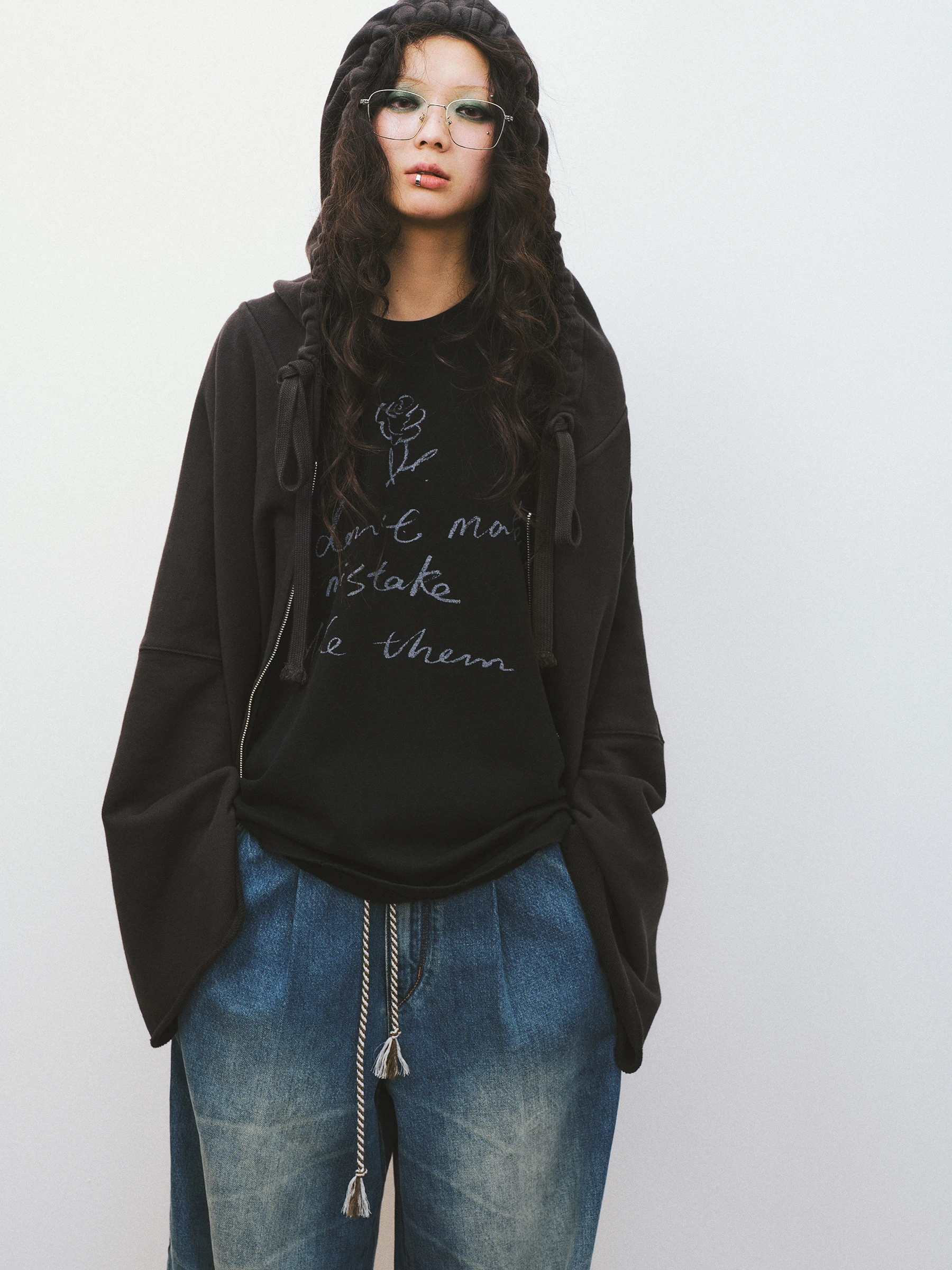VERMO Vintage Washed Hooded Sweatshirt Cardigan Green Oil Wide Sleeve Women's Loose Fit Cotton Spring Autumn Fashion