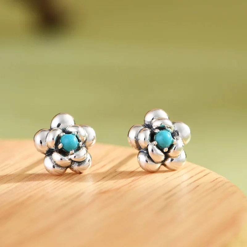 

1Piece Glossy Silver Flower Jewelry Sets for Women 925 Silver Red Agate Blue Turquoise Studs Earrings Rings Thai Silver Brincos