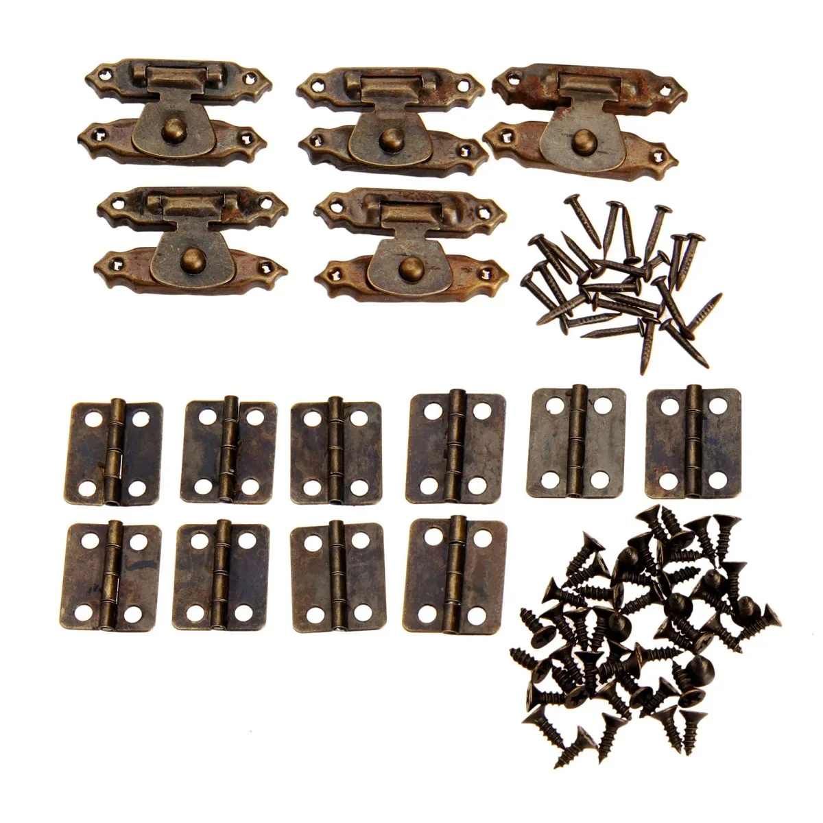 10Pcs Antique Bronze Furniture Cabinet Hinges with 5Pcs Jewelry Wooden Box Case Toggle Hasp Latch & Screws Vintage Iron Hardware