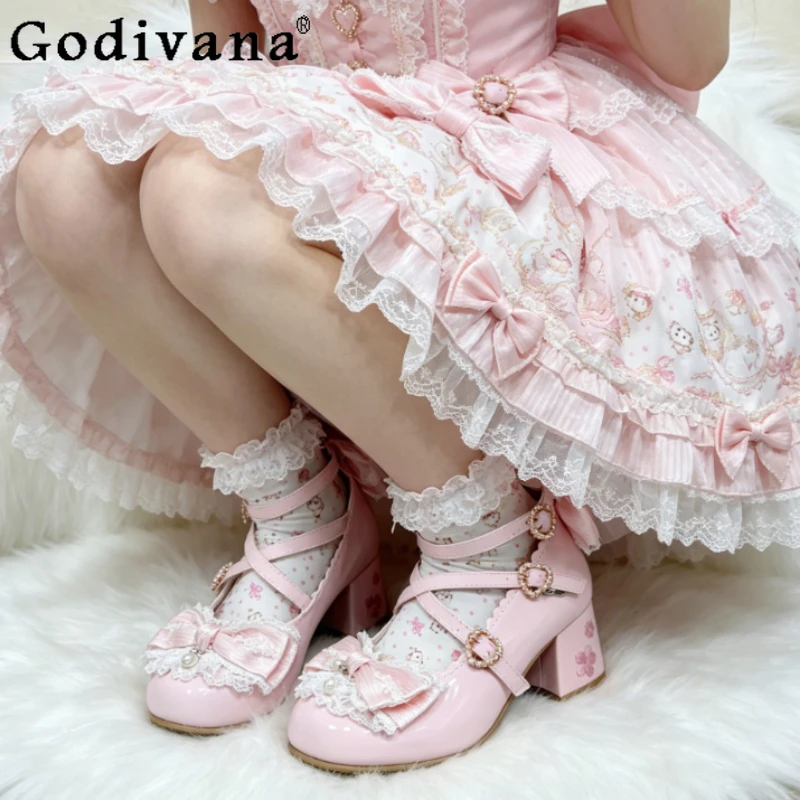 

Japanese Original Sweet and Cute Girl Lo Shoes Lace Bow Elegant Round Head Thick Heel Versatile Lolita High Heels