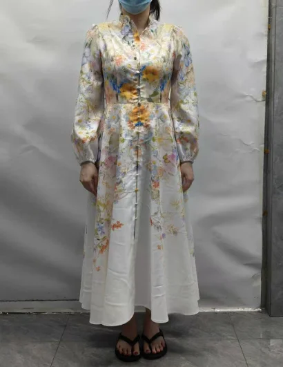 

French Style Floral Print Stand Collar Lantern Sleeve Button Down Evening Dress Cinched Waist Vacation Dress with Belt