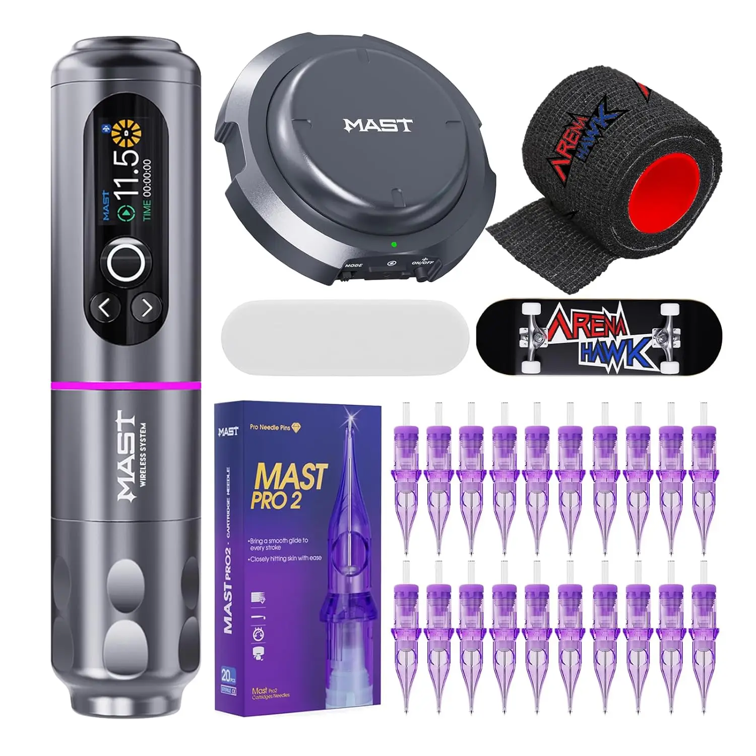 

Беспроводной набор для татуировок с педалью, профессиональными иглами, картриджами и держателем для пальцев для профессионального тату-манипулятора.