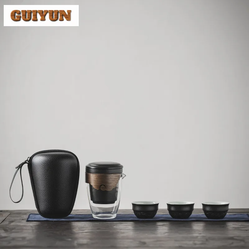 

Стекло с защитой от ожогов, дорожный чайный сервиз, древний 1 горшок, 3 чашки, органайзер для приготовления чая, портативная сумка для кемпинга, чайный сервиз, ремесло