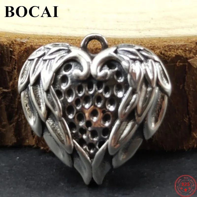 BOCAI Trendy S925 Sterling Silver Charms Pendants for Women Men New Fashion Feather Lover Heart Jewelry Amulet Free Shipping