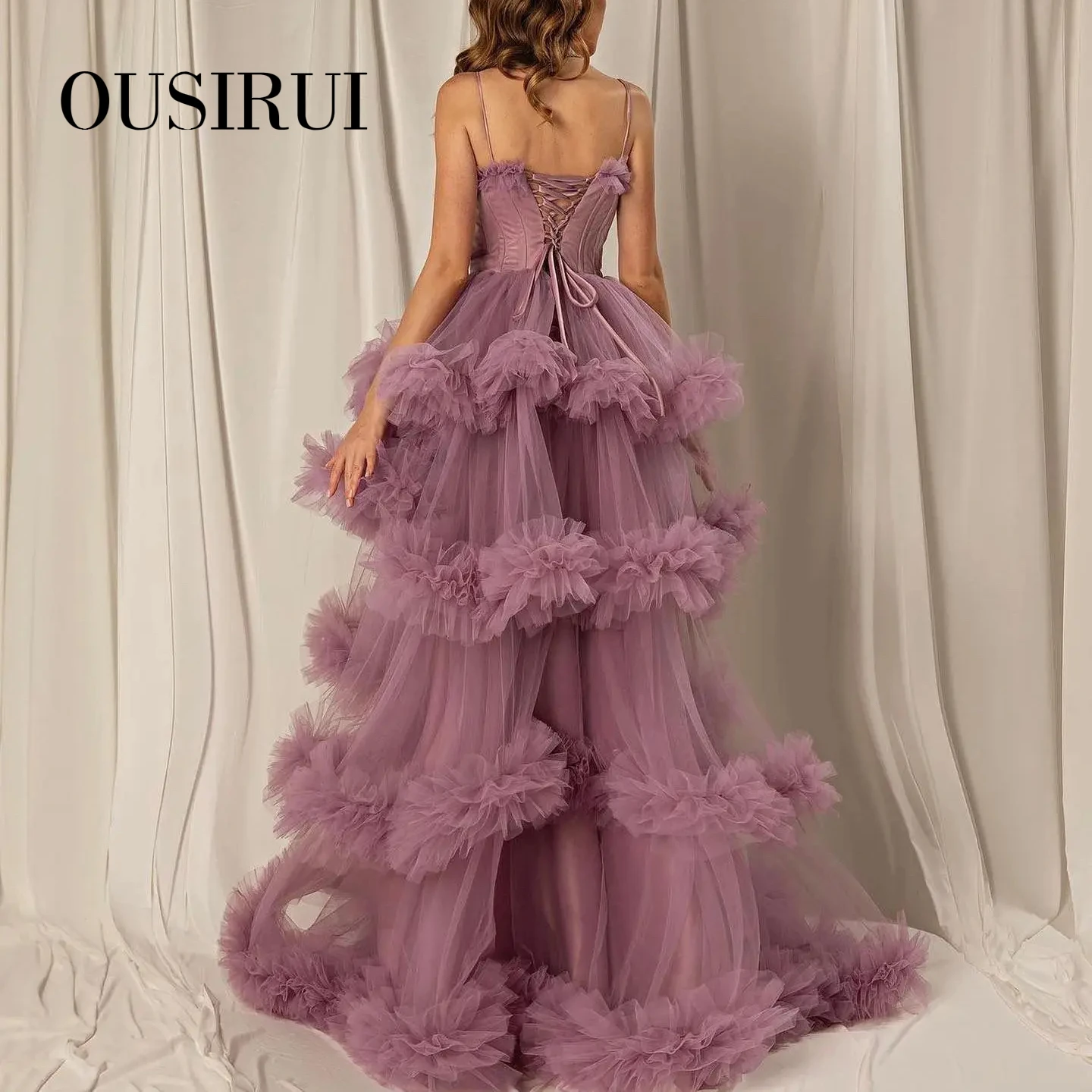 OUSIRUI Burgundy Tulle Tiered Ruffles Evening Dresses with Gloves Pink Spaghetti Straps Wedding Party Gowns فساتين سهره