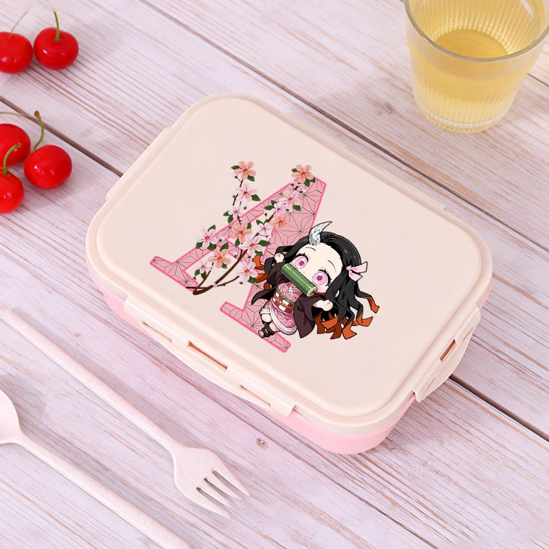 Lonchera Demon Slayer para niñas, regreso a la escuela, lonchera portátil de plástico con diseño de Nezuko, letras de la A a la Z, caja bento, estuche para guardar comida, regalo lindo para niños