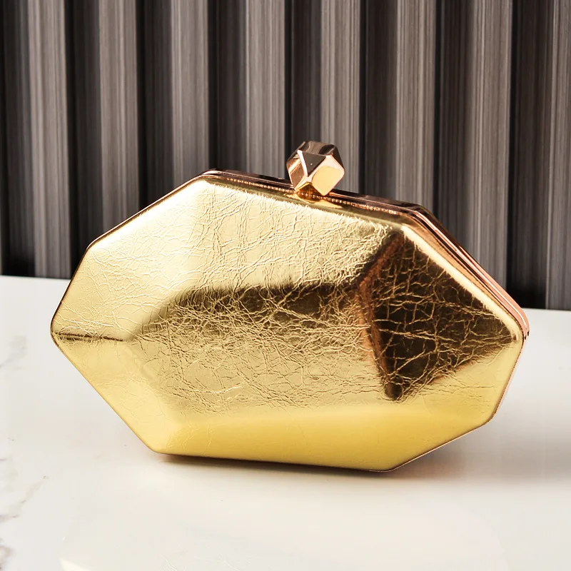 New PU Gold Clutch Bag Fashion Shiny Box Evening Bag Banquet Bag Small Square Bag Crossbody Bag