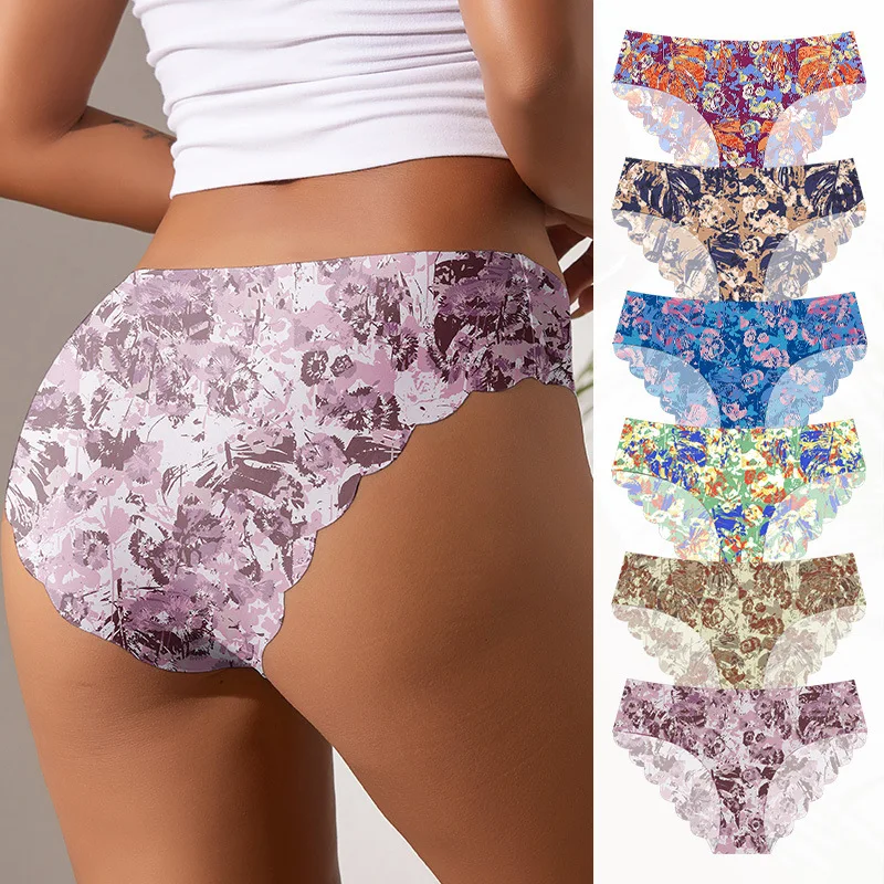 

Women Panties Flower Printed Briefs Sexy Lingerie Breathable Seamless Thin Underwears Ladies Low-rise Underpants Retro Thongs