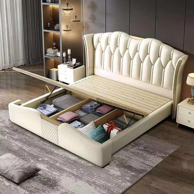 *Wing Back Diamond Tufted Leather Storage Bed Light Luxury Gold Trim Gas Lift Upholstered Queen Bed