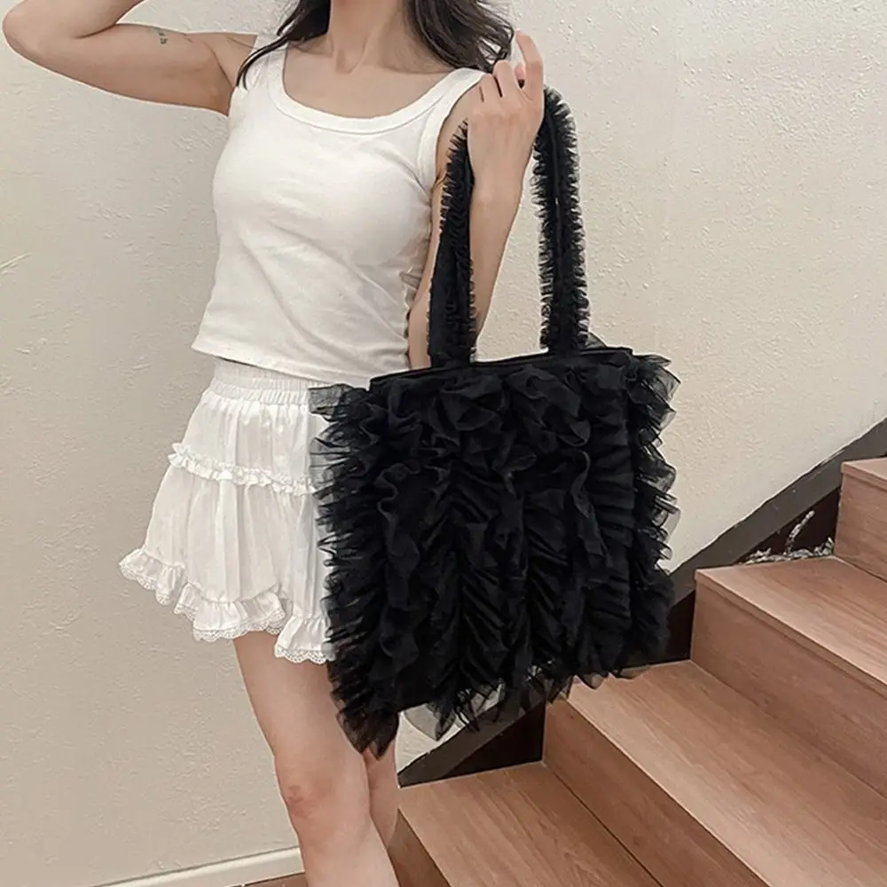 With Ruched Trim Mesh Pleated Splice Shoulder Bag Large Capacity Japanese-Style Pleated Tote Bag Fresh Soft Cake Skirt Handbag