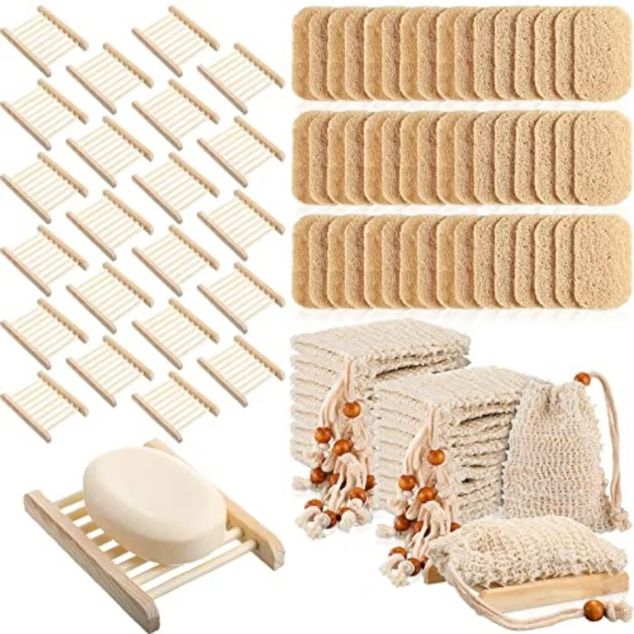 

Soap Accessories Set Including Wood Soap Holder Soap Dishes for Bar Soap Tray Soap Saver Bag Exfoliating Soap Pouch Self Draini
