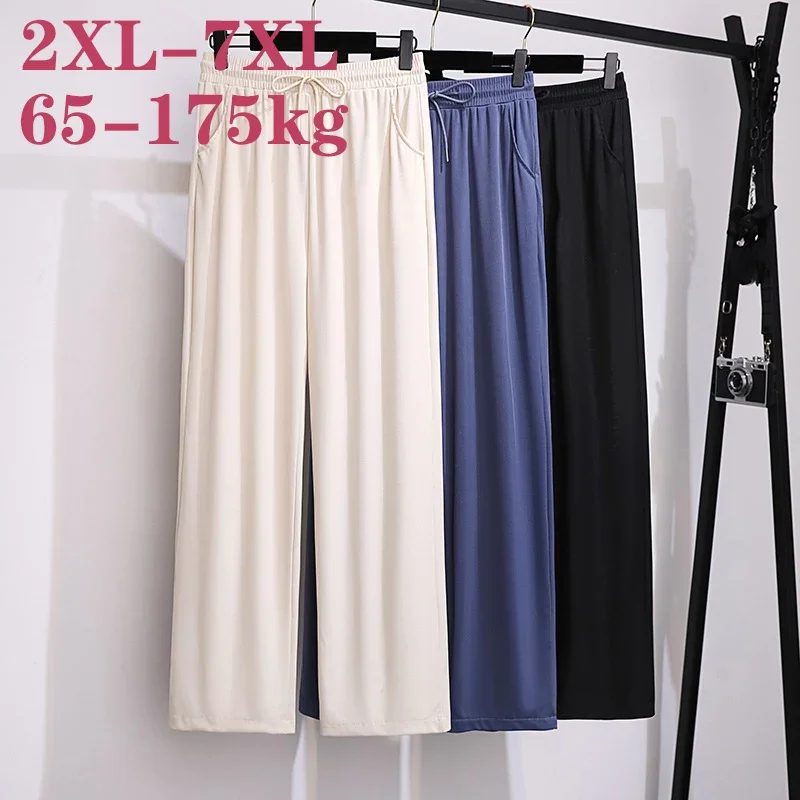 100/175kg Big Size Women Clothing Wide Legs Pants Show Thin Summer High Waist Straight Tube Pants Loose Ice Silk Cropped Pants