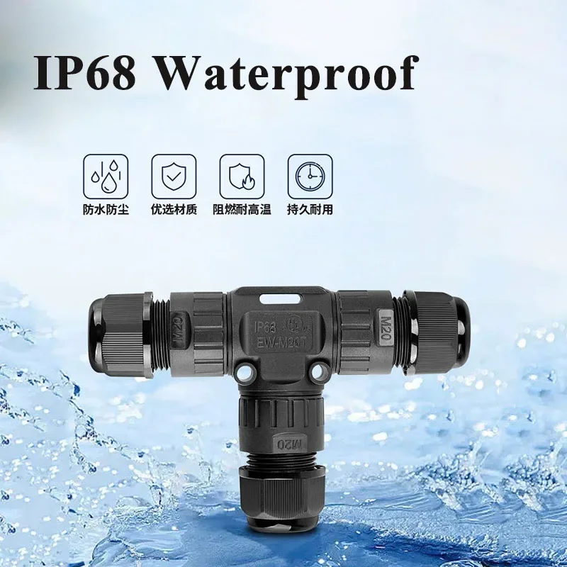 Waterproof M20 T-type Cable Connector IP68 3 Way 2Pin 3Pin Nylon Plastic Wire Connector Outdoor LED Lighting Power Junction Box