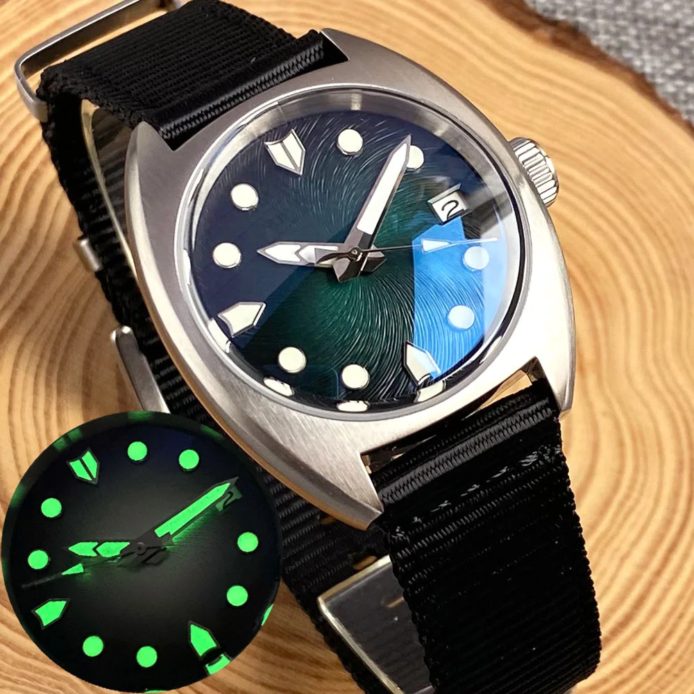 36mm Brushed Tandorio Diver 200m NH35A Green Blue Red Dial Texture Gradient Watch For Men Double Dome Glass Green Luminous