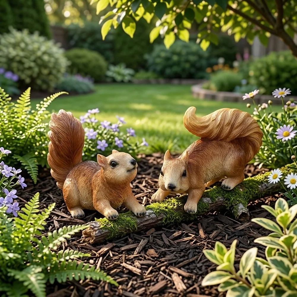 Charming 2pcs Squirrel Statues for Garden Decor Creative For Outdoor Resin Ornaments for Aesthetic Enhancement