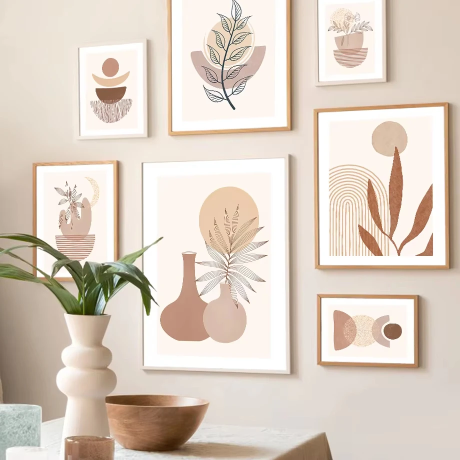 Boho Abstrakte Sonne Mond Blatt Pflanze Linie Mädchen Vase Wandkunst Leinwandgemälde Poster und Drucke Wohnkultur Bilder für Wohnzimmer