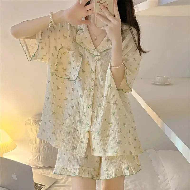 Pocket  Women Pajamas Sleepwear Shorts Sets Japan Style Pijama Loungewear Short Sleeve Underwear Two Piece Sets Print Night Wear