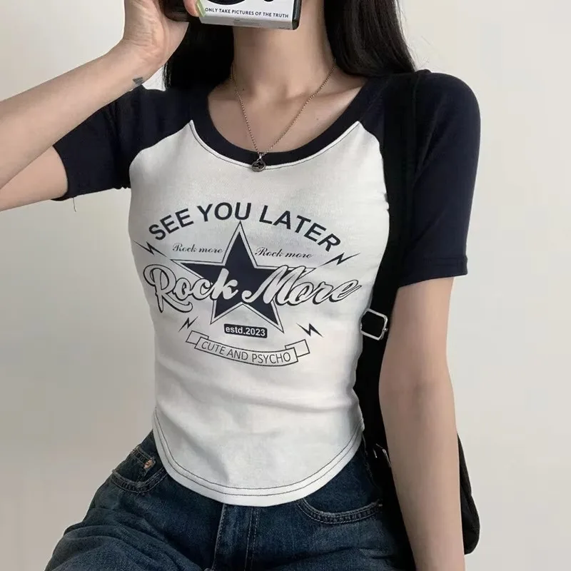 Gothic Y2K Style T-Shirts Vintage Women Tees Short Sleeve Letter Print Casual Crop Tops Female EMO girls Graphic Crop Tops 90s