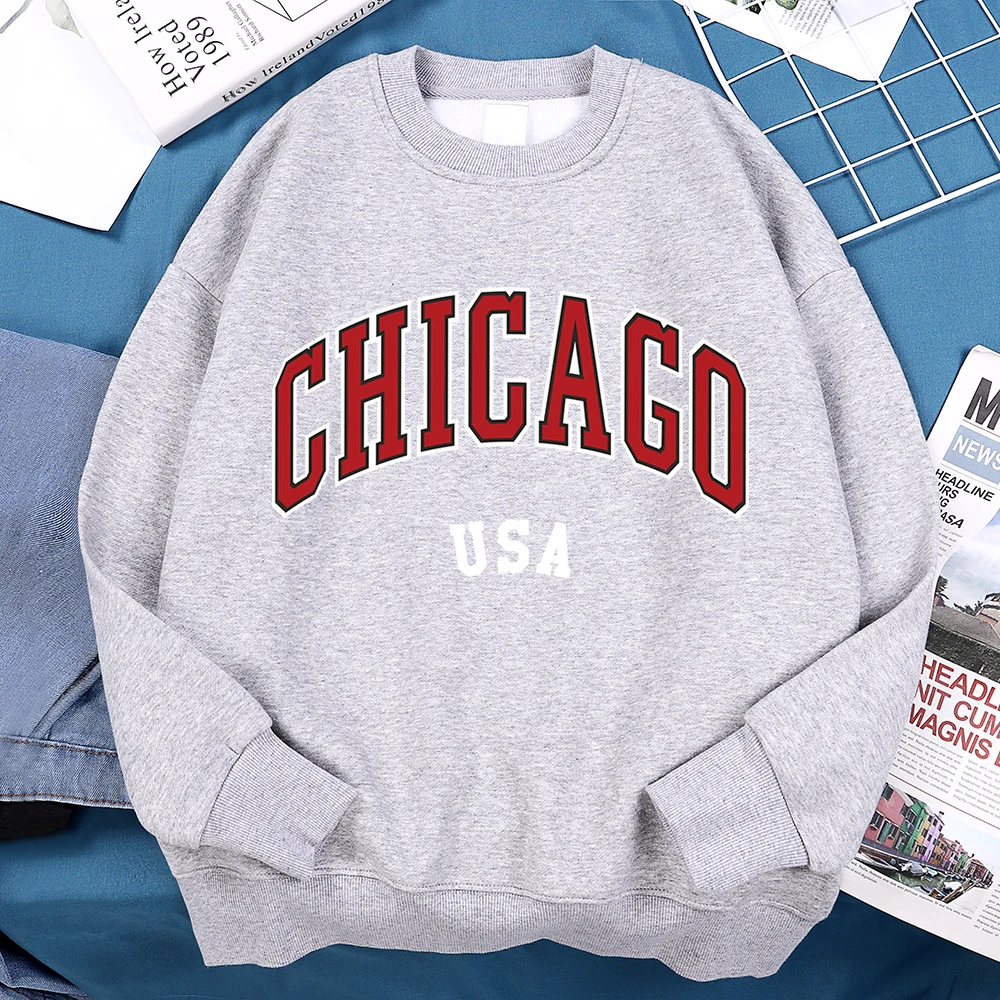 Chicago Usa Classic City Graphic Clothing Sweatshirt Man Harajuku Loose Clothes O-Neck Pullover Menswear Fleece Fleece Pullover