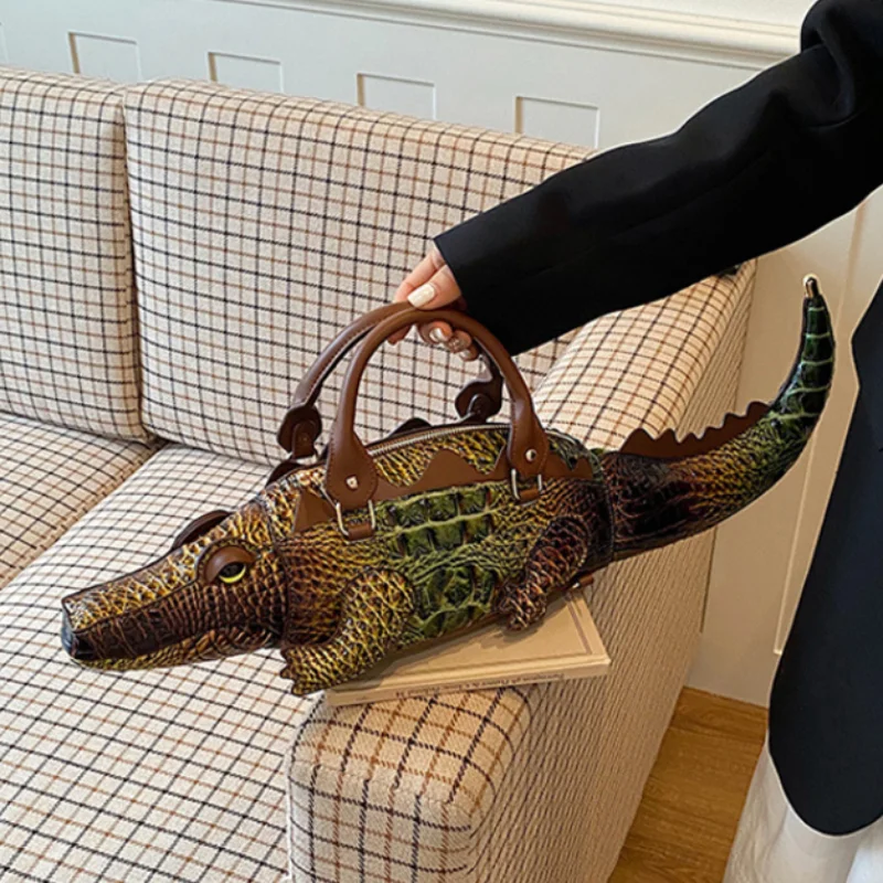 Novelty 3D Crocodile Shaped Handbag Vintage Trendy Street Peculiar Zip Crossbody Bag Women Creative Animal Form Shoulder Bag