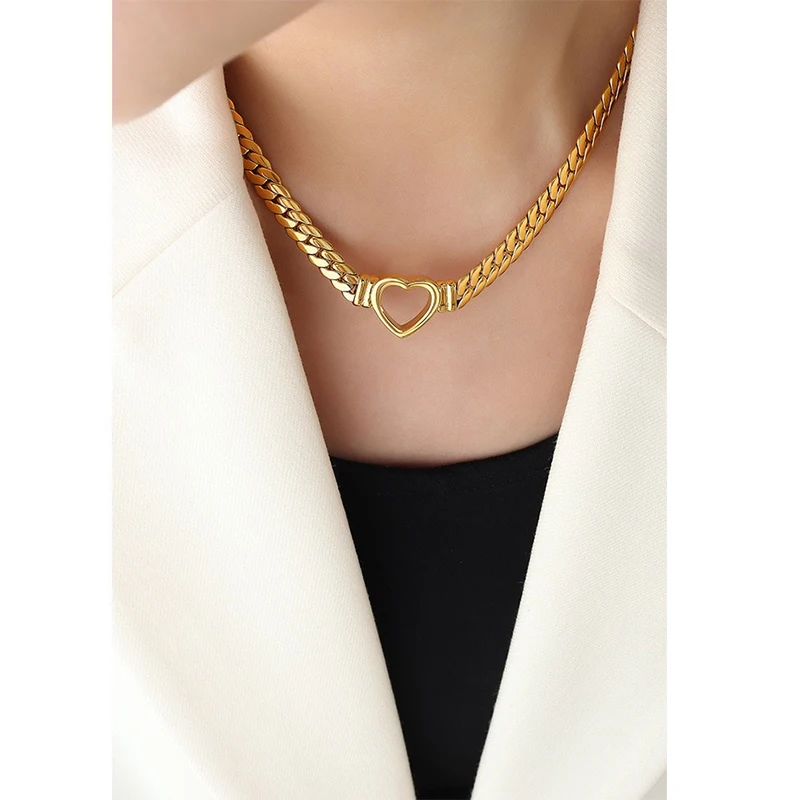 Heart Chain Necklaces Bracelet Set Stainless Steel for Women Fashion Metal Texture Flat Collar Cuban Link Girlfriend Gifts