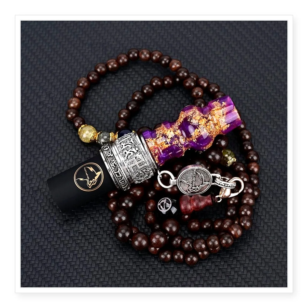 Wolfcoolvape Hookah Holder with Gold Foil Resin Nozzle and Bronze Silver Double Wheel Buckle, Includes Private Wooden Chain