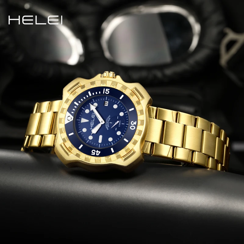 HELEI Rugged Helmsman Men Quartz Wrist Watch Stainless Steel Strap Clock Man Mineral Hardened Glass Waterproof Sports Timepiece