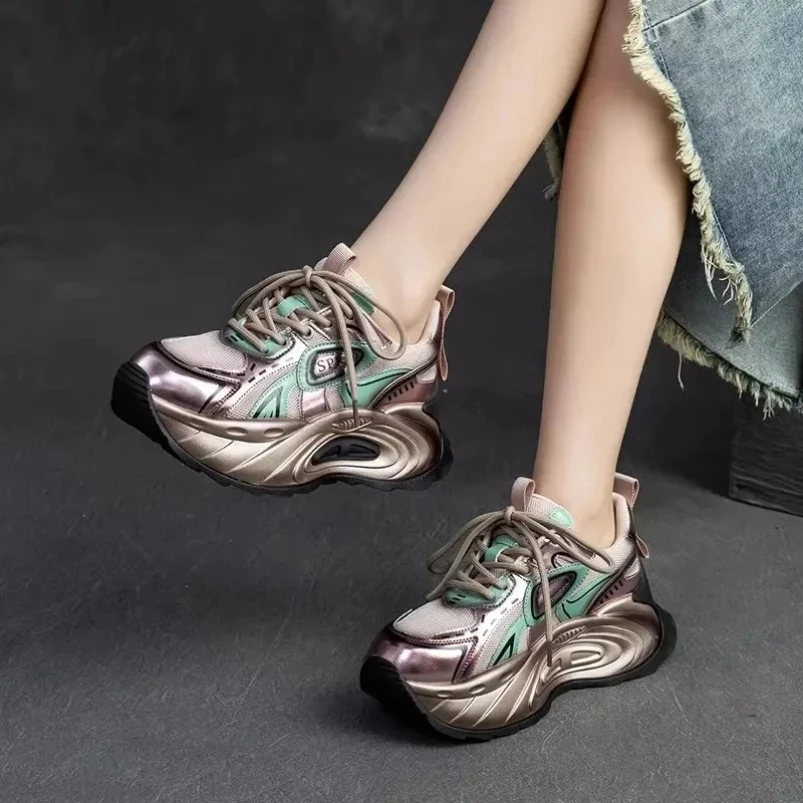 

2025 6 см ботильоны из натуральной кожи с воздушной сеткой, разноцветные ботильоны на плоской подошве, осенние женские массивные кроссовки, удобная весенне-летняя обувь