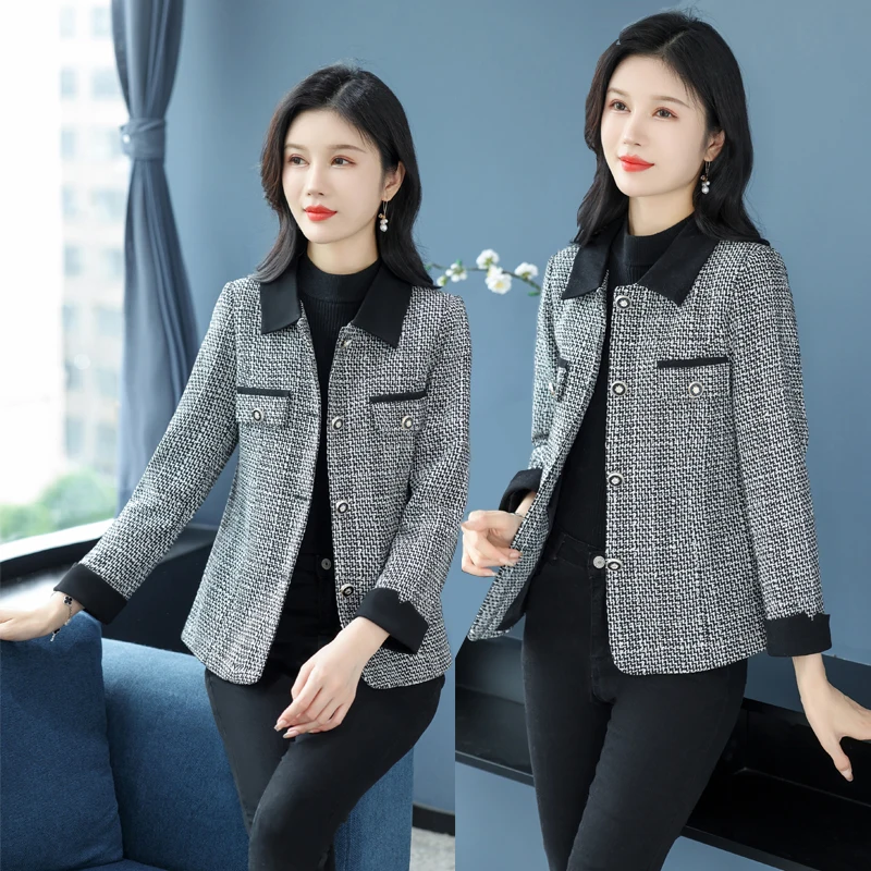 

Chic Style Plaid Jacket for Women Female Office Lady, 2023 Autumn Winter New Elegant Socialite Versatile Mom Short Blazer Coat