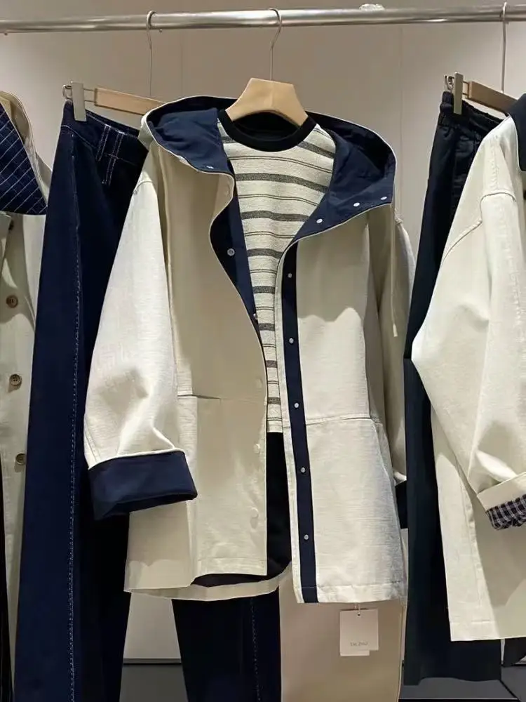 

Color Blocked Loose Windbreaker Jacket For Women's Spring And Autumn New Style Hooded Single Breasted Casual Top