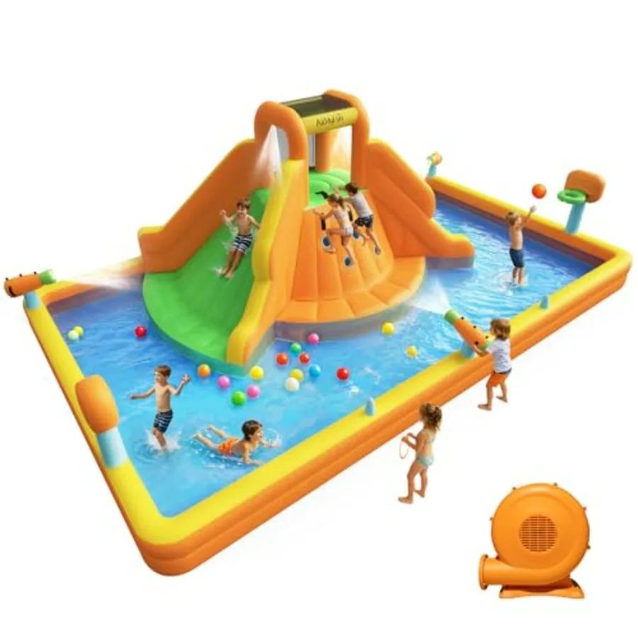 

Backyard inflatable water slide for kids: PVC, blue/red, double wide slides, climbing wall, basketball hoop, 3 water cannons, b