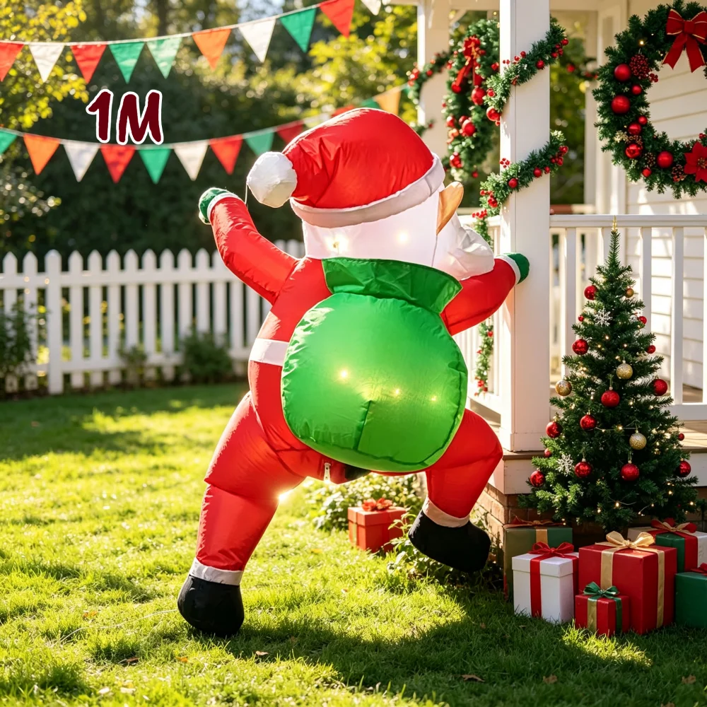3.3FT 1M Hanging Inflatable Climbing Santa Claus With Gift Bag Built in LED Lighting Suitable For Store Window Wall Decoration