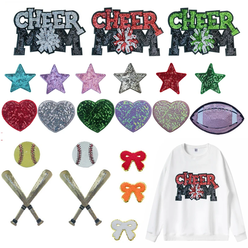 Oversized CHEERMOM Sweatshirt Ironing Patch Sequins Glitter Baseball Bow Patch Cloth Jacket  Decor Flash  DIY Craft Supplies