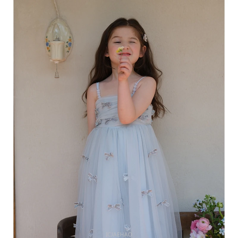 

Party Dress Cute Girls Strapless Princess New Bow French Style Girl Formal Costume Summer Tulle Gown Kids Outfit Elegant Flower